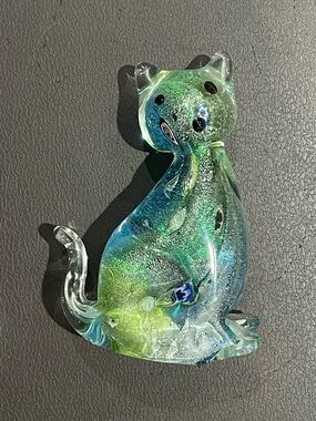 Handmade Blown Glass Cat Figurine Weight in Blue-Green Murano Millefiori style